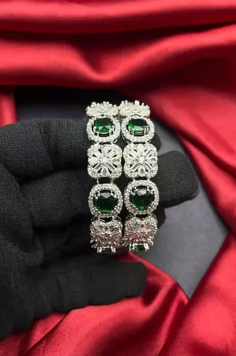 Emerald Green CZ Diamond Bangle Set: Silver Plated Indian Wedding Jewelry