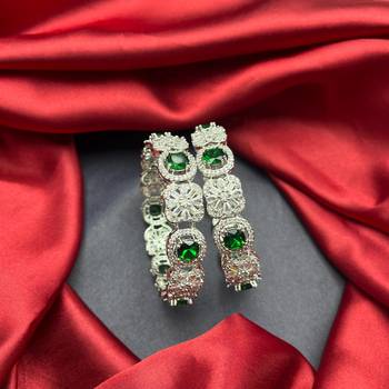Emerald Green CZ Diamond Bangle Set: Silver Plated Indian Wedding Jewelry 2