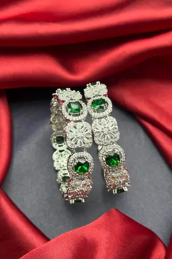 Emerald Green CZ Diamond Bangle Set: Silver Plated Indian Wedding Jewelry