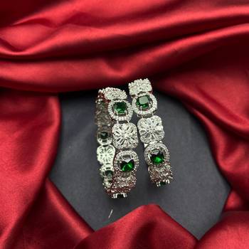 Emerald Green CZ Diamond Bangle Set: Silver Plated Indian Wedding Jewelry 3