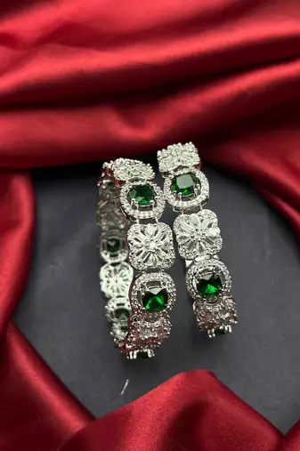 Emerald Green CZ Diamond Bangle Set: Silver Plated Indian Wedding Jewelry