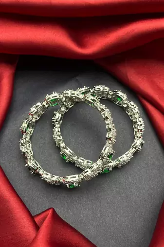 Emerald Green CZ Diamond Bangle Set: Silver Plated Indian Wedding Jewelry