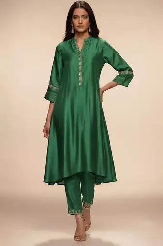 Green embroidered chanderi anarkali kurta set
