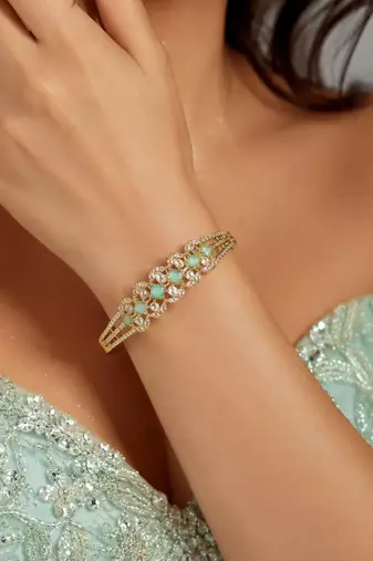 18k Gold Plated Mint Green Emerald Bracelet, Cubic Zirconia Wedding Bangle, Indian Bridal Jewelry