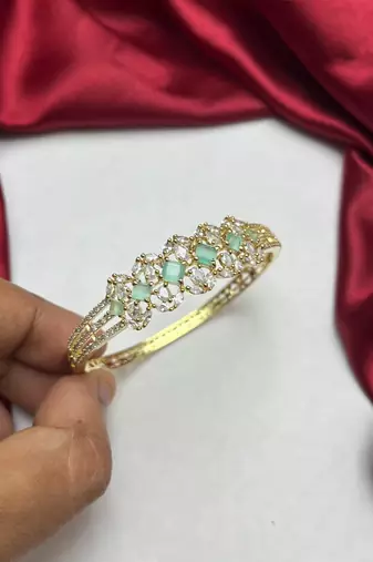 18k Gold Plated Mint Green Emerald Bracelet, Cubic Zirconia Wedding Bangle, Indian Bridal Jewelry