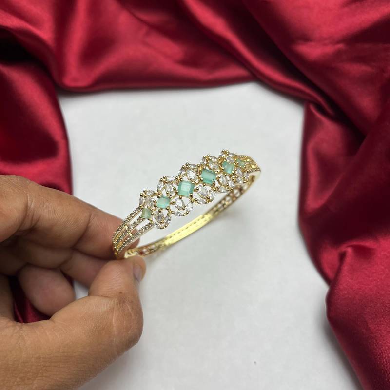 18k Gold Plated Mint Green Emerald Bracelet, Cubic Zirconia Wedding Bangle, Indian Bridal Jewelry
