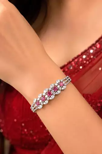 Silver Plated Art Deco Ruby CZ Bridal Kada Bracelet, Royal Indian Bangle