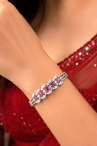 Silver Plated Art Deco Ruby CZ Bridal Kada Bracelet, Royal Indian Bangle