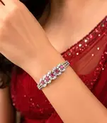 Silver Plated Art Deco Ruby CZ Bridal Kada Bracelet, Royal Indian Bangle