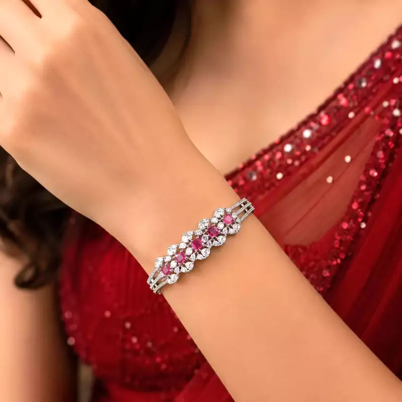Silver Plated Art Deco Ruby CZ Bridal Kada Bracelet, Royal Indian Bangle