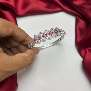 Silver Plated Art Deco Ruby CZ Bridal Kada Bracelet, Royal Indian Bangle 3