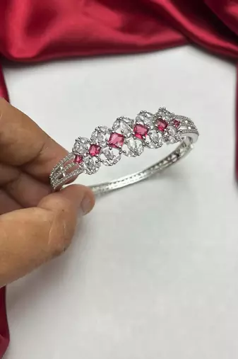 Silver Plated Art Deco Ruby CZ Bridal Kada Bracelet, Royal Indian Bangle
