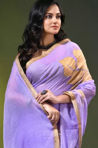 lilac mulmul cotton blend saree with golden hibiscus foil print