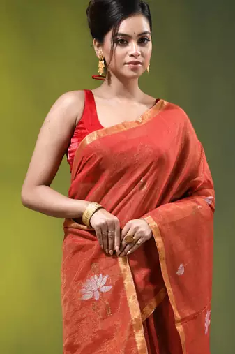 Red tissue saree with lotus woven design