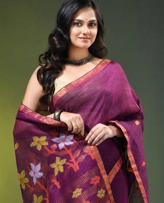 Dark purple linen saree with floral woven pallu 5