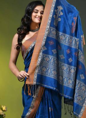 blue cotton blend saree with ethnic motifs 5