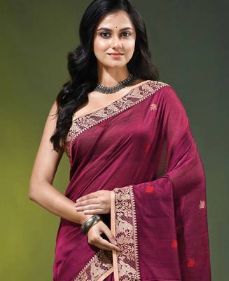 magenta cotton blend saree with floral motifs 5