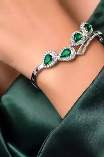 Emerald Green Teardrop Bangle Bracelet, Silver Cubic Zirconia Cuff, May Birthstone Jewelry