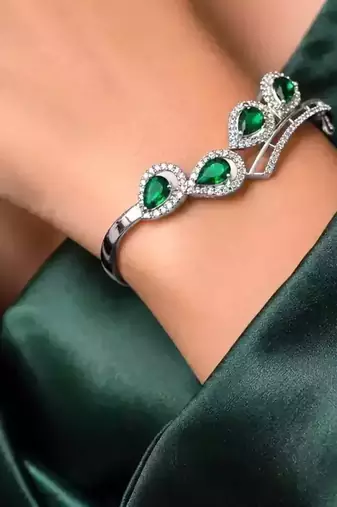 Emerald Green Teardrop Bangle Bracelet, Silver Cubic Zirconia Cuff, May Birthstone Jewelry