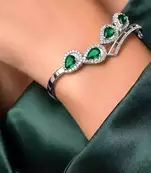 Emerald Green Teardrop Bangle Bracelet, Silver Cubic Zirconia Cuff, May Birthstone Jewelry