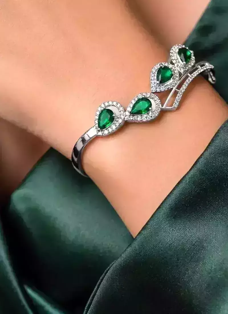 Emerald Green Teardrop Bangle Bracelet, Silver Cubic Zirconia Cuff, May Birthstone Jewelry