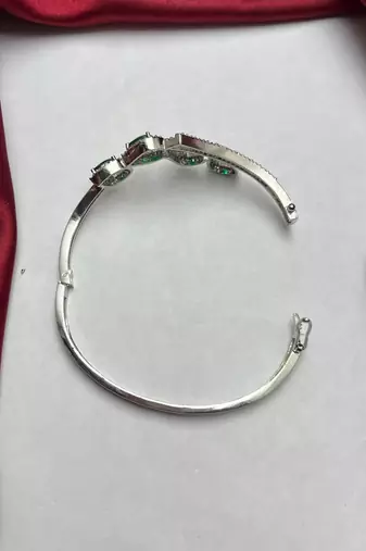 Emerald Green Teardrop Bangle Bracelet, Silver Cubic Zirconia Cuff, May Birthstone Jewelry