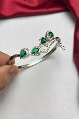 Emerald Green Teardrop Bangle Bracelet, Silver Cubic Zirconia Cuff, May Birthstone Jewelry