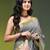 Grey linen saree with red floral woven design
