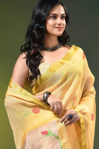 Yellow linen saree with red floral woven design