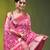 Elegant pink organza saree with white floral embroidery & rich golden zari border