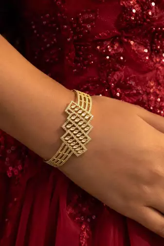 Gold Kada Bracelet with Marquise Cz Stones, Geometric Indian Bridal Bangle