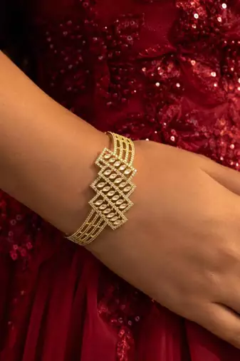 Gold Kada Bracelet with Marquise Cz Stones, Geometric Indian Bridal Bangle