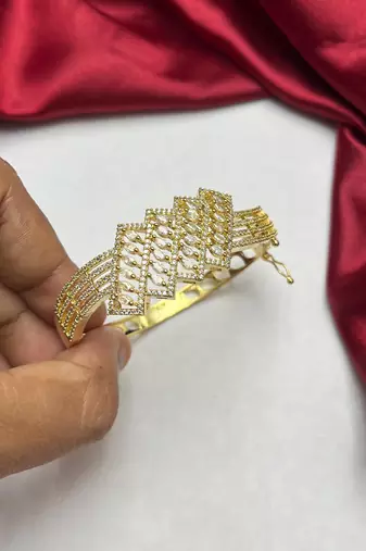 Gold Kada Bracelet with Marquise Cz Stones, Geometric Indian Bridal Bangle