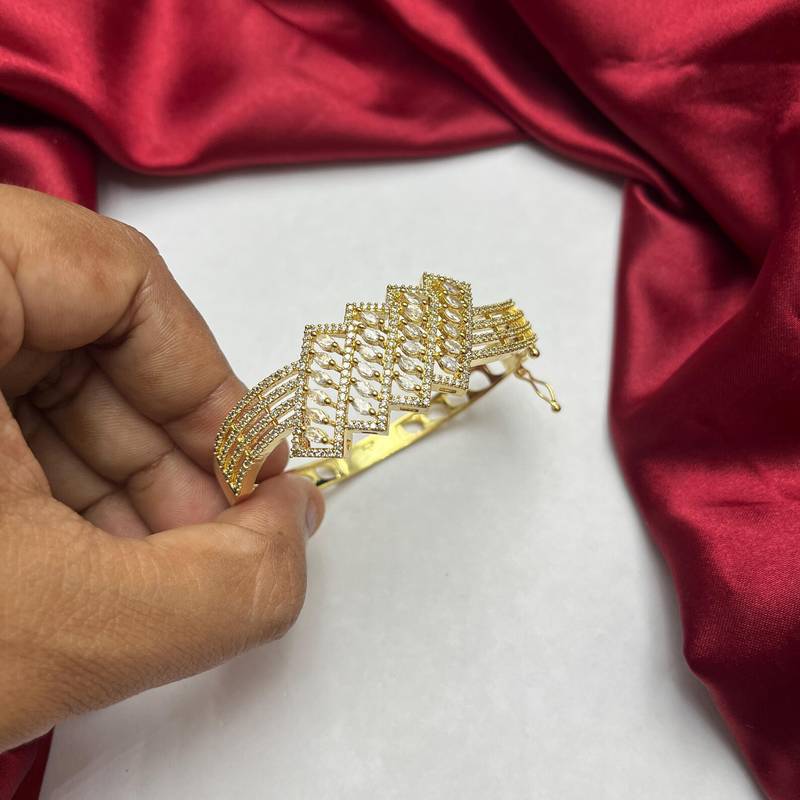 Gold Kada Bracelet with Marquise Cz Stones, Geometric Indian Bridal Bangle