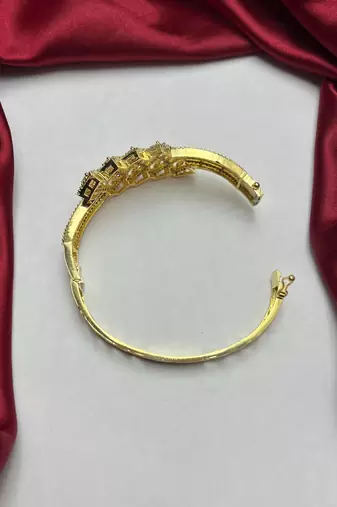 Gold Kada Bracelet with Marquise Cz Stones, Geometric Indian Bridal Bangle