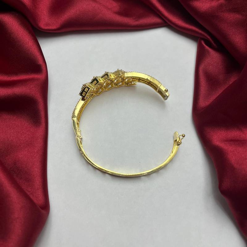 Gold Kada Bracelet with Marquise Cz Stones, Geometric Indian Bridal Bangle