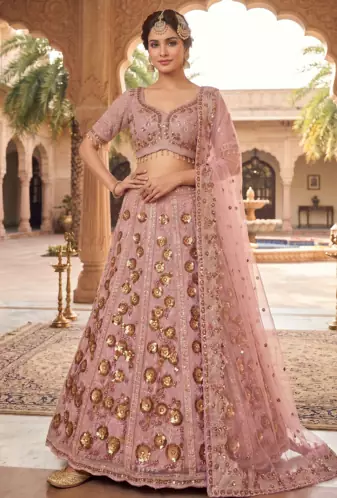 Elegant Dusty Rose Pink Embroidered Bridal Lehenga Choli with Dupatta
