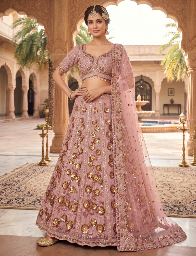 Elegant Dusty Rose Pink Embroidered Bridal Lehenga Choli with Dupatta