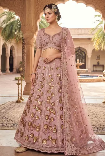 Elegant Dusty Rose Pink Embroidered Bridal Lehenga Choli with Dupatta