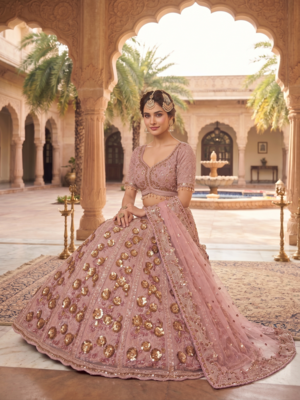Elegant Dusty Rose Pink Embroidered Bridal Lehenga Choli with Dupatta 3