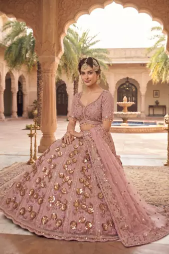 Elegant Dusty Rose Pink Embroidered Bridal Lehenga Choli with Dupatta