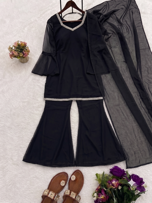 Women black georgette bell sleeve kurta with flared sharara & dupatta set 2