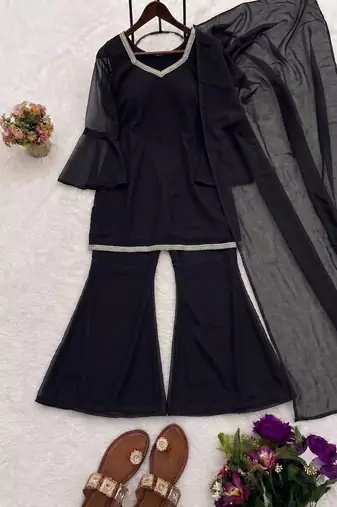 Women black georgette bell sleeve kurta with flared sharara & dupatta set