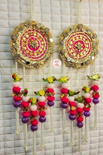 decorative hanging pair mirror workbeads colorful pom pom & wooden home decor (pack of 2)