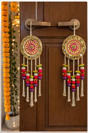 decorative hanging pair mirror workbeads colorful pom pom & wooden home decor (pack of 2)