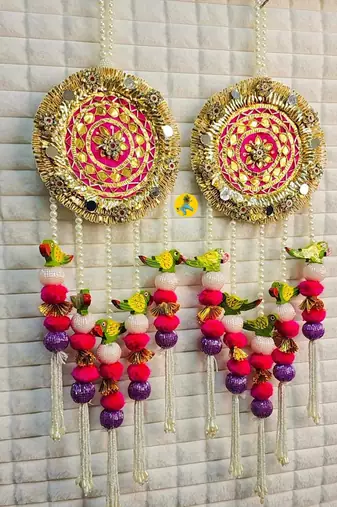decorative hanging pair mirror workbeads colorful pom pom & wooden home decor (pack of 2)