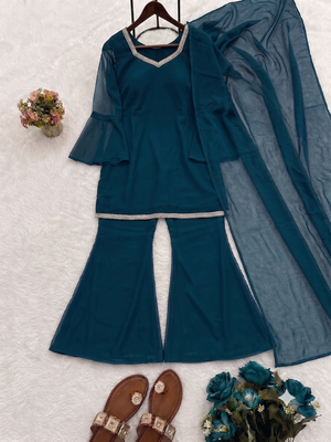 Women teal georgette bell sleeve kurta with flared sharara & dupatta set 2