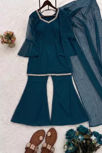 Women teal georgette bell sleeve kurta with flared sharara & dupatta set