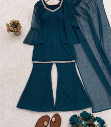 Women teal georgette bell sleeve kurta with flared sharara & dupatta set