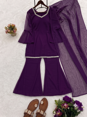 Women wine georgette bell sleeve kurta with flared sharara & dupatta set 2